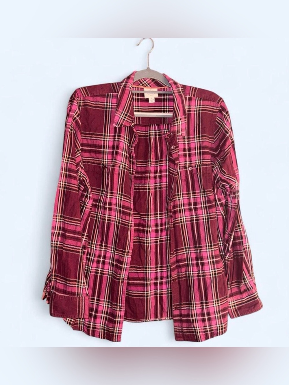 St. John's Bay Pink and Burgundy Plaid Button-Up Shirt
